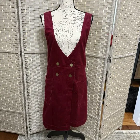 Free People Canyonland Jumper Dress Size 10 Red Velvet Corduroy Button Front NEW - Picture 2 of 11